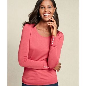 Talbots Gathered Shoulder 100% Pure Merino Wool Sweater Pearl Cuffs Women's M